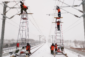 授课图片—检车员清除接触网冰雪